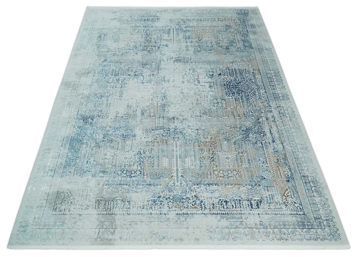 Transitional Blue and Ivory Antique Finish Art Silk Area Rug.