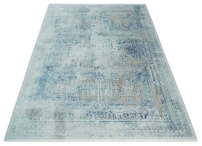 Transitional Blue and Ivory Antique Finish Art Silk Area Rug.