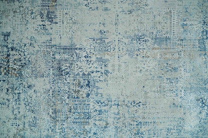Transitional Blue and Ivory Antique Finish Art Silk Area Rug.