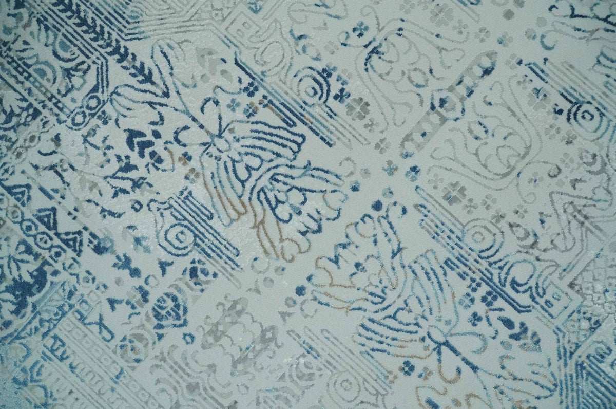 Transitional Blue and Ivory Antique Finish Art Silk Area Rug.
