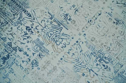 Transitional Blue and Ivory Antique Finish Art Silk Area Rug.
