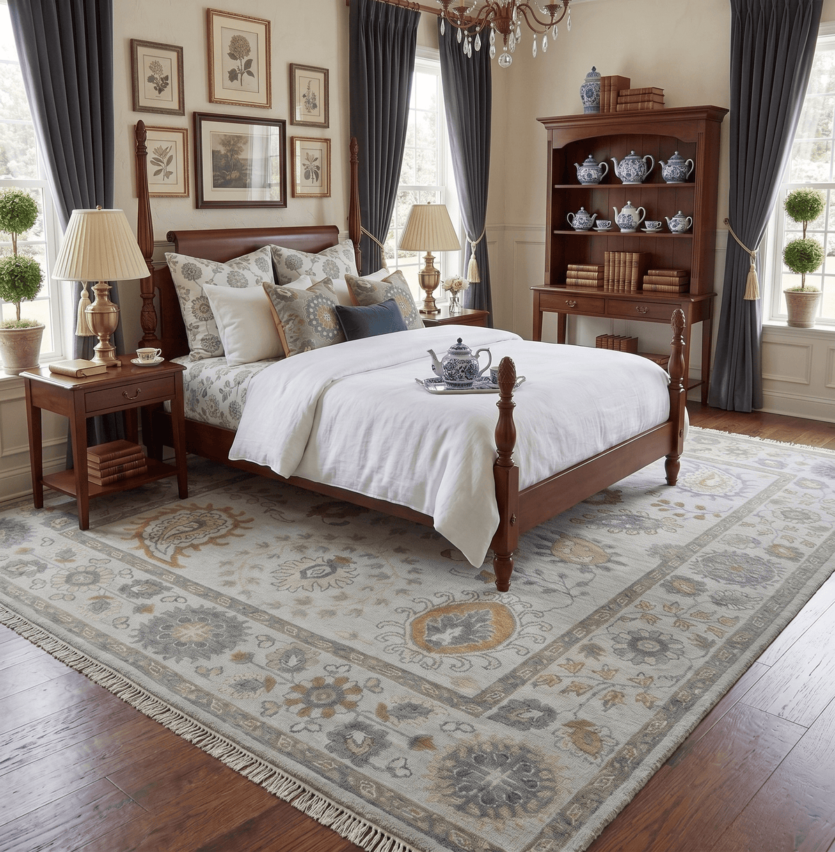 Silver, Olive and Gray Floral Herati Medallion Hand knotted Custom Made wool Area Rug.