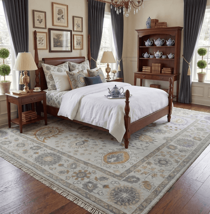Silver, Olive and Gray Floral Herati Medallion Hand knotted Custom Made wool Area Rug.