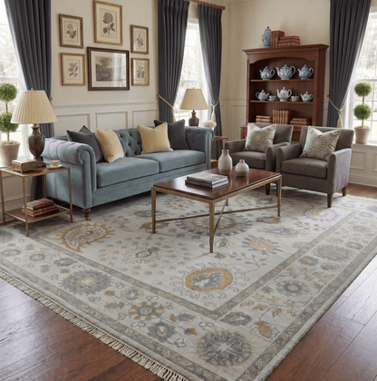 Silver, Olive and Gray Floral Herati Medallion Hand knotted Custom Made wool Area Rug.