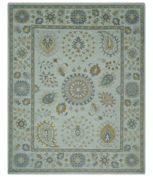 Silver, Olive and Gray Floral Herati Medallion Hand knotted Custom Made wool Area Rug.