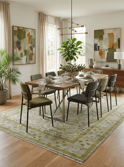 Silver, Olive and Green Traditional Floral Design Custom Made wool area rug.
