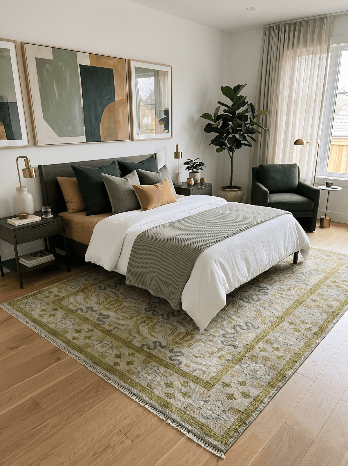 Silver, Olive and Green Traditional Floral Design Custom Made wool area rug.