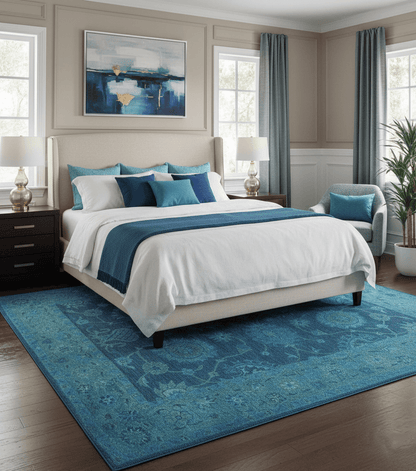 Sky Custom Made Blue Traditional Oushak Design Overdyed Wool Rug.