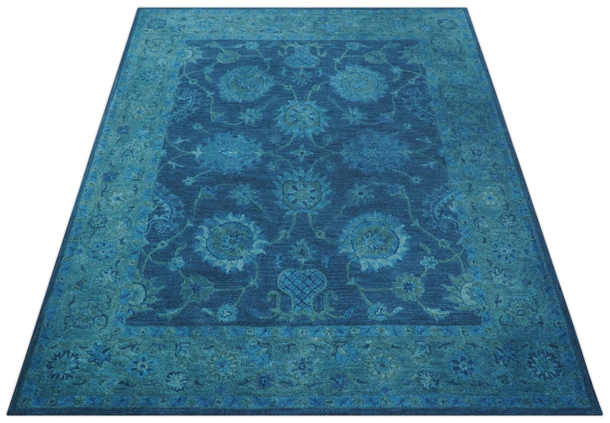 Sky Custom Made Blue Traditional Oushak Design Overdyed Wool Rug.