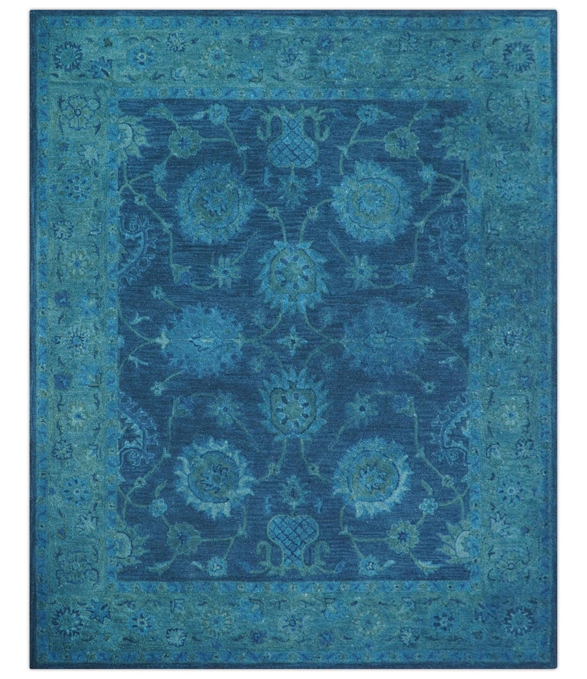 Sky Custom Made Blue Traditional Oushak Design Overdyed Wool Rug.