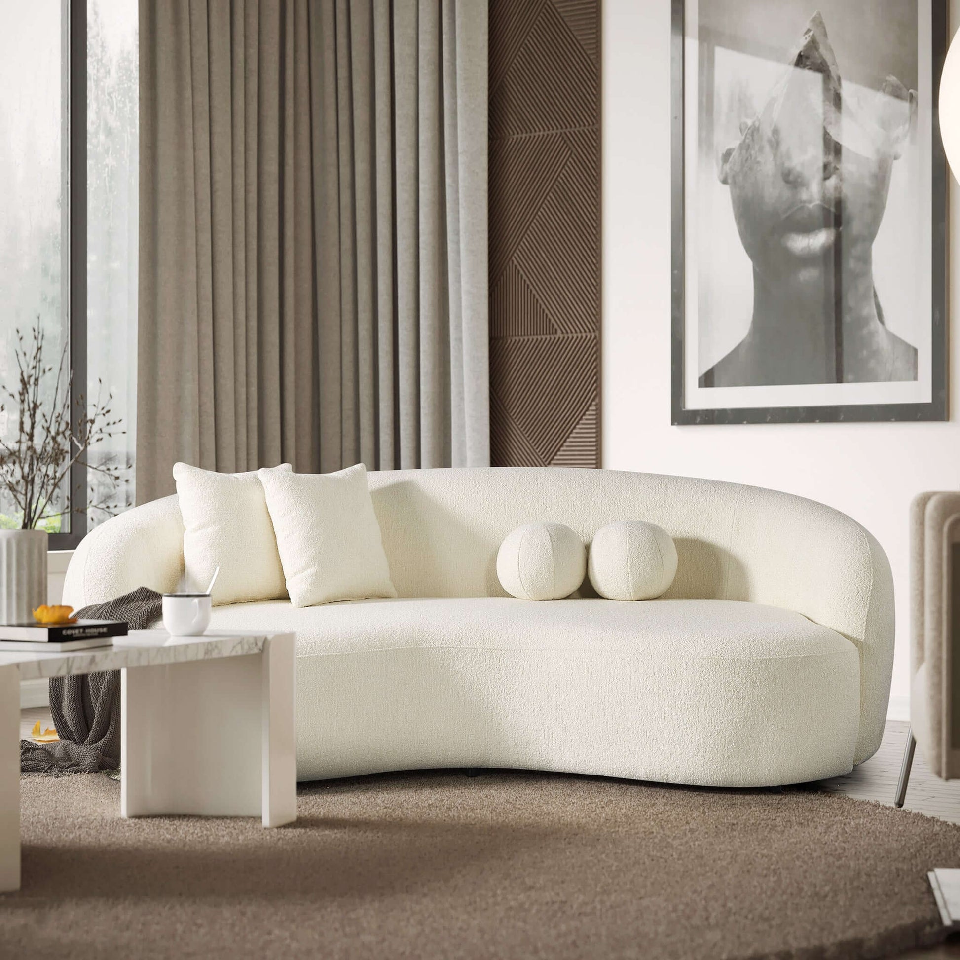 Ashcroft Furniture Co Sofas Drake Japandi Style Curvy Boucle Sofa