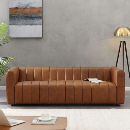 Ashcroft Furniture Co Sofas Cognac Genuine Leather Elrosa Channel Tufted Sofa