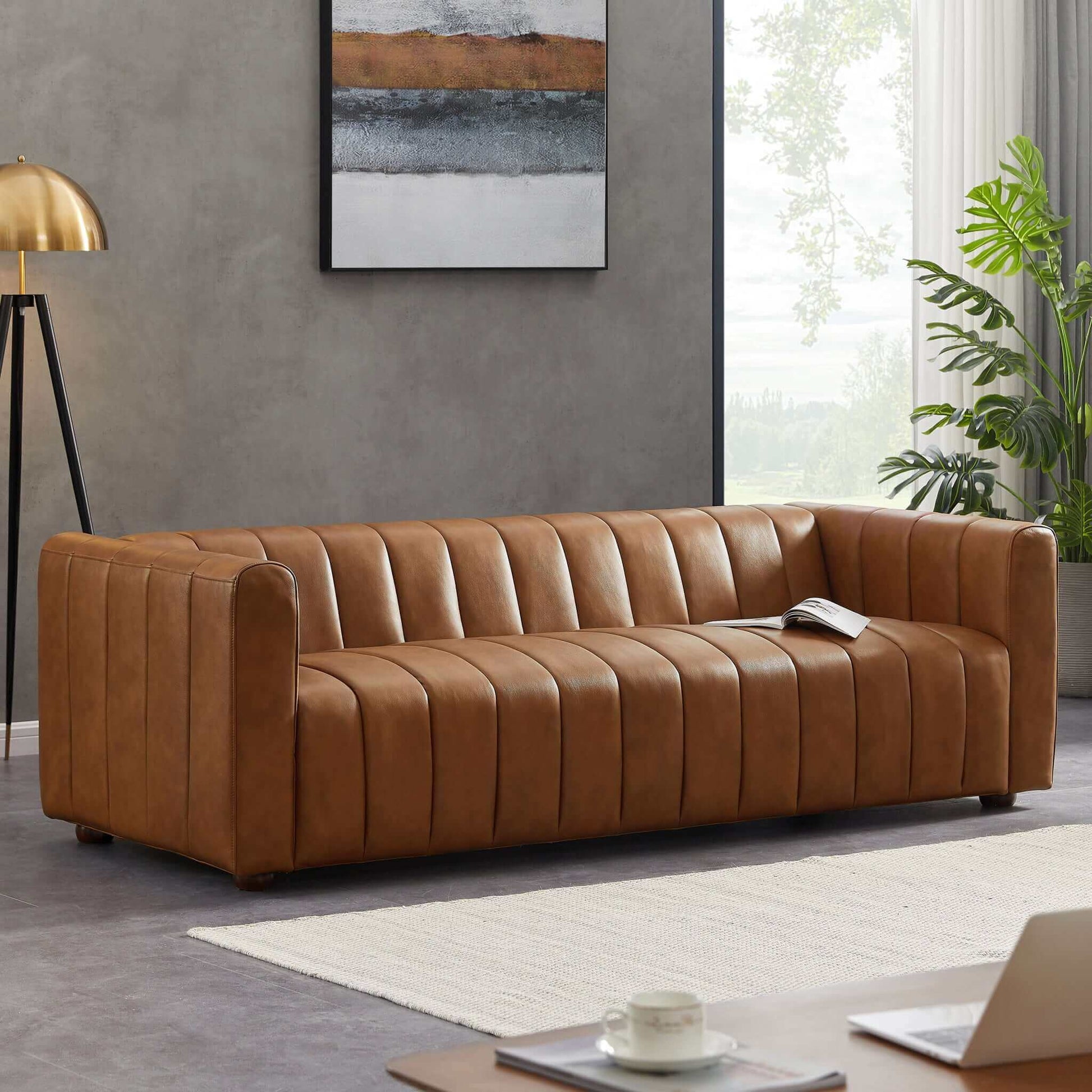 Ashcroft Furniture Co Sofas Cognac Genuine Leather Elrosa Channel Tufted Sofa