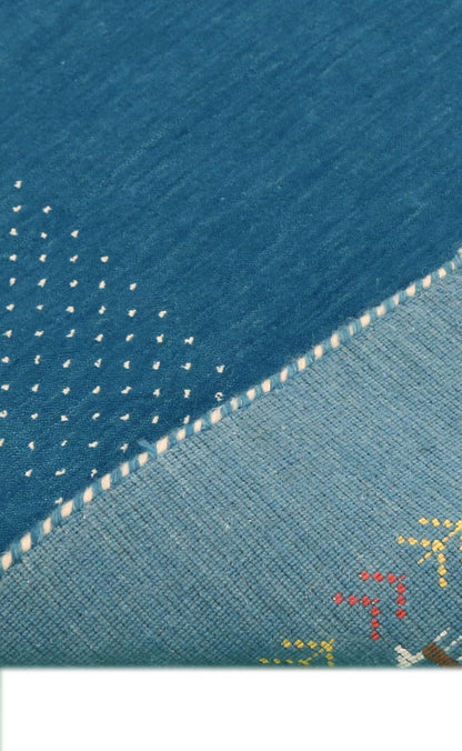 Solid Blue Border Design Hand Loomed Wool Area Rug.