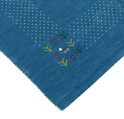 Solid Blue Border Design Hand Loomed Wool Area Rug.