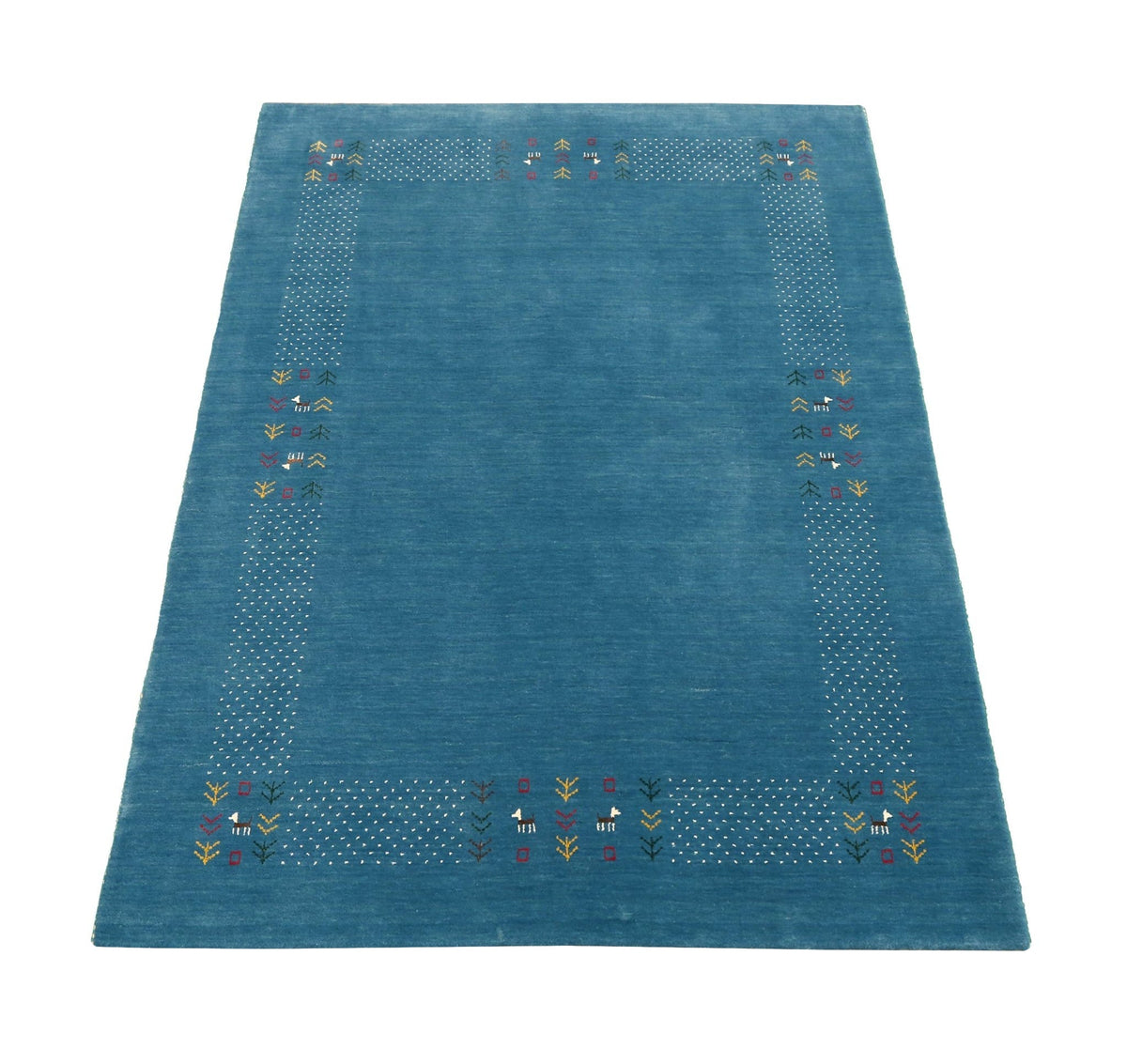 Solid Blue Border Design Hand Loomed Wool Area Rug.