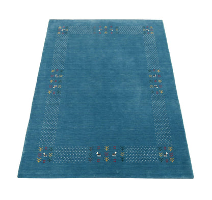 Solid Blue Border Design Hand Loomed Wool Area Rug.