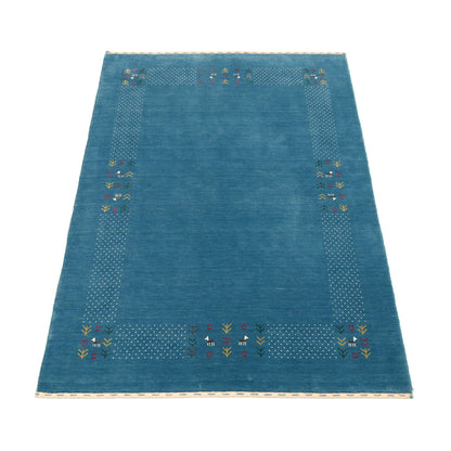 Solid Blue Border Design Hand Loomed Wool Area Rug