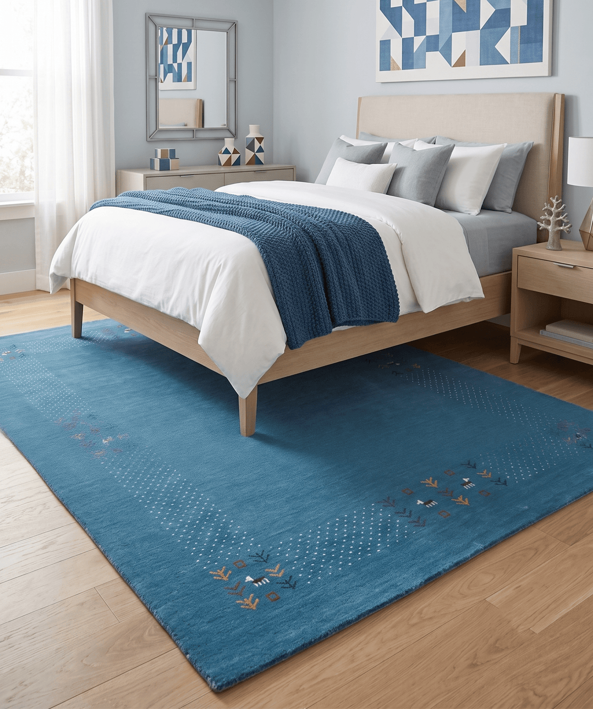 Solid Blue Border Design Hand Loomed Wool Area Rug.