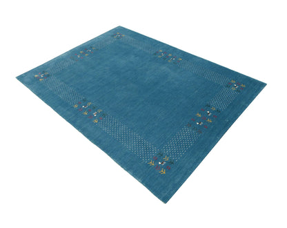 Solid Blue Border Design Hand Loomed Wool Area Rug.