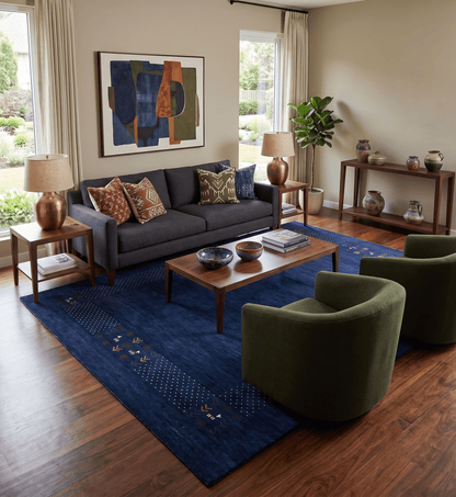Solid Blue Border Patterns Hand Loomed Wool Area Rug.