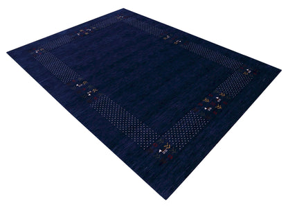 Solid Blue Border Patterns Hand Loomed Wool Area Rug.