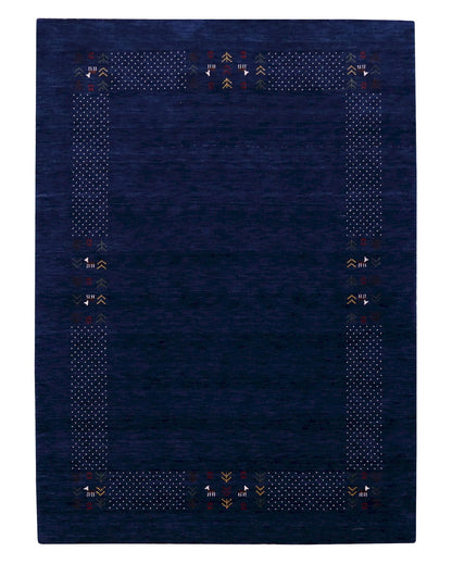 Solid Blue Border Patterns Hand Loomed Wool Area Rug.