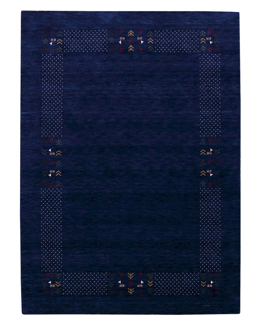 Solid Blue Border Patterns Hand Loomed Wool Area Rug.