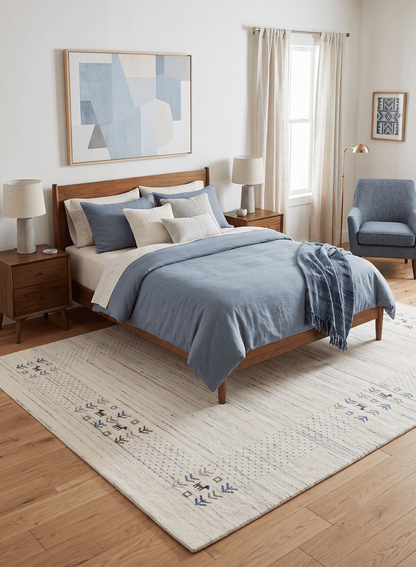 Solid Ivory Border Patterns Hand Loomed Wool Area Rug.