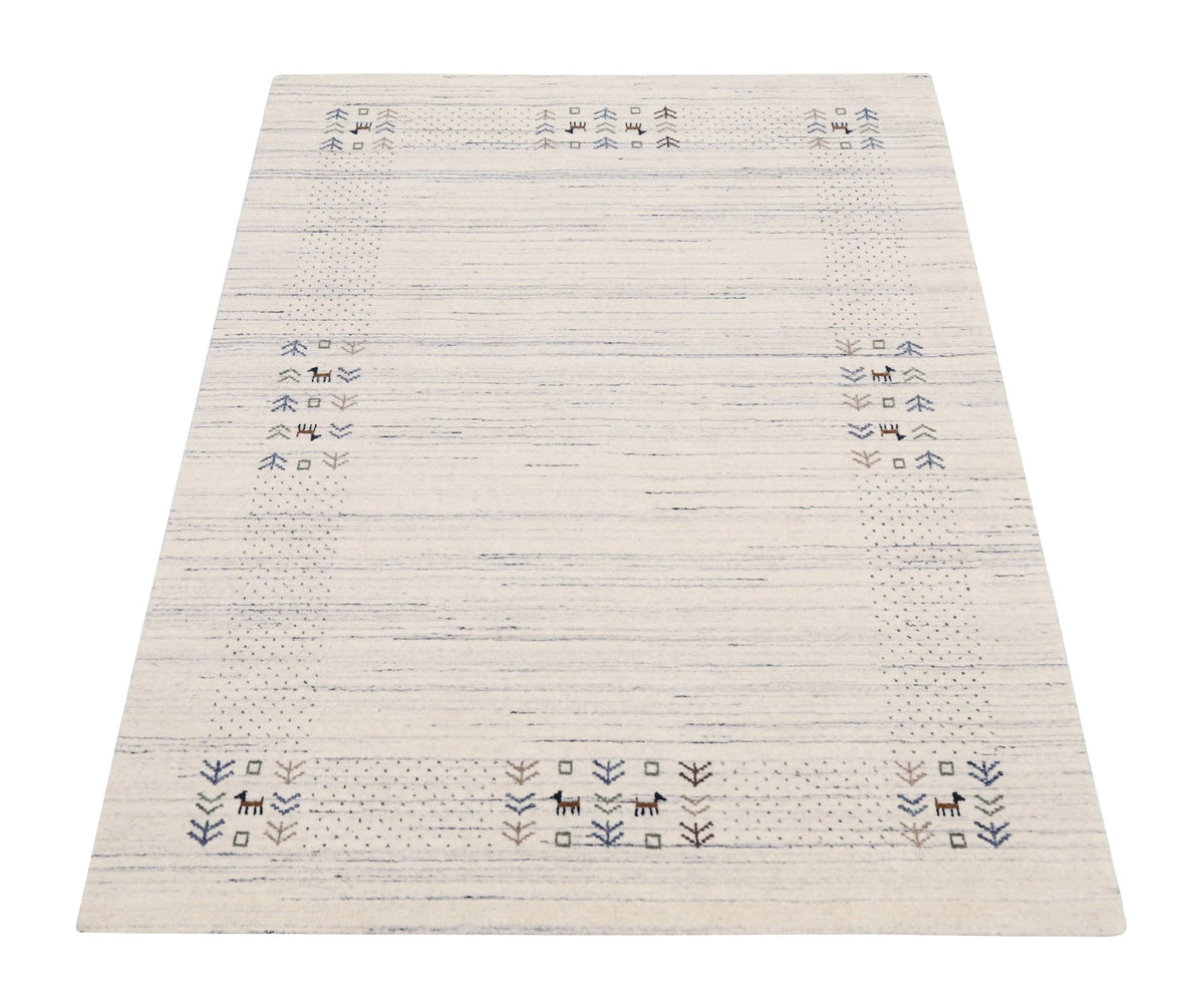 Solid Ivory Border Patterns Hand Loomed Wool Area Rug.