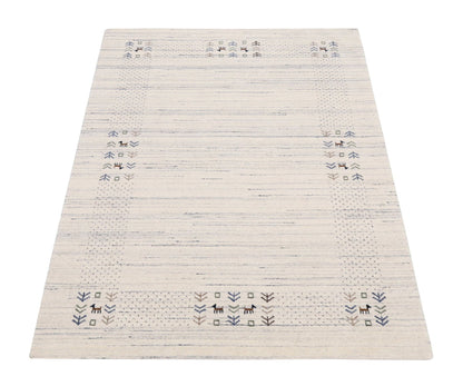 Solid Ivory Border Patterns Hand Loomed Wool Area Rug.