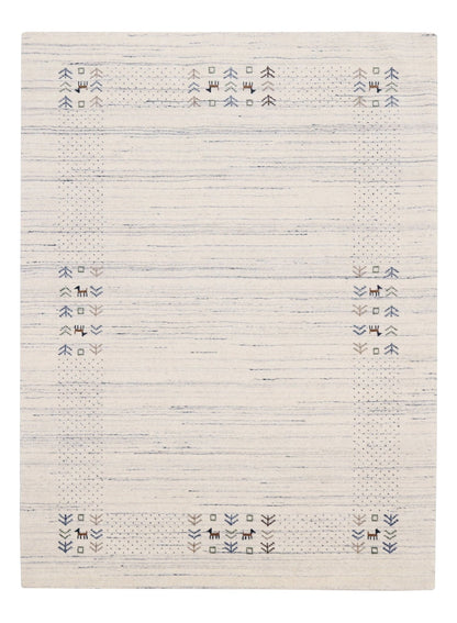 Solid Ivory Border Patterns Hand Loomed Wool Area Rug.