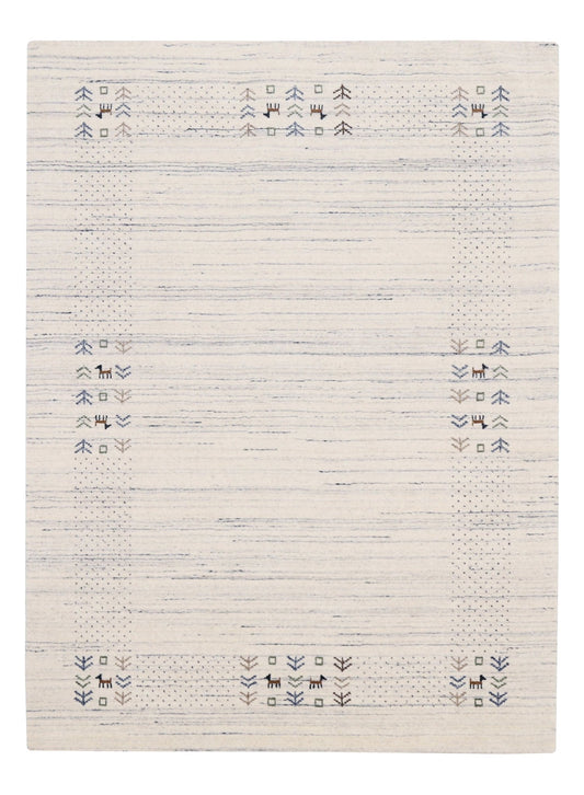 Solid Ivory Border Patterns Hand Loomed Wool Area Rug.