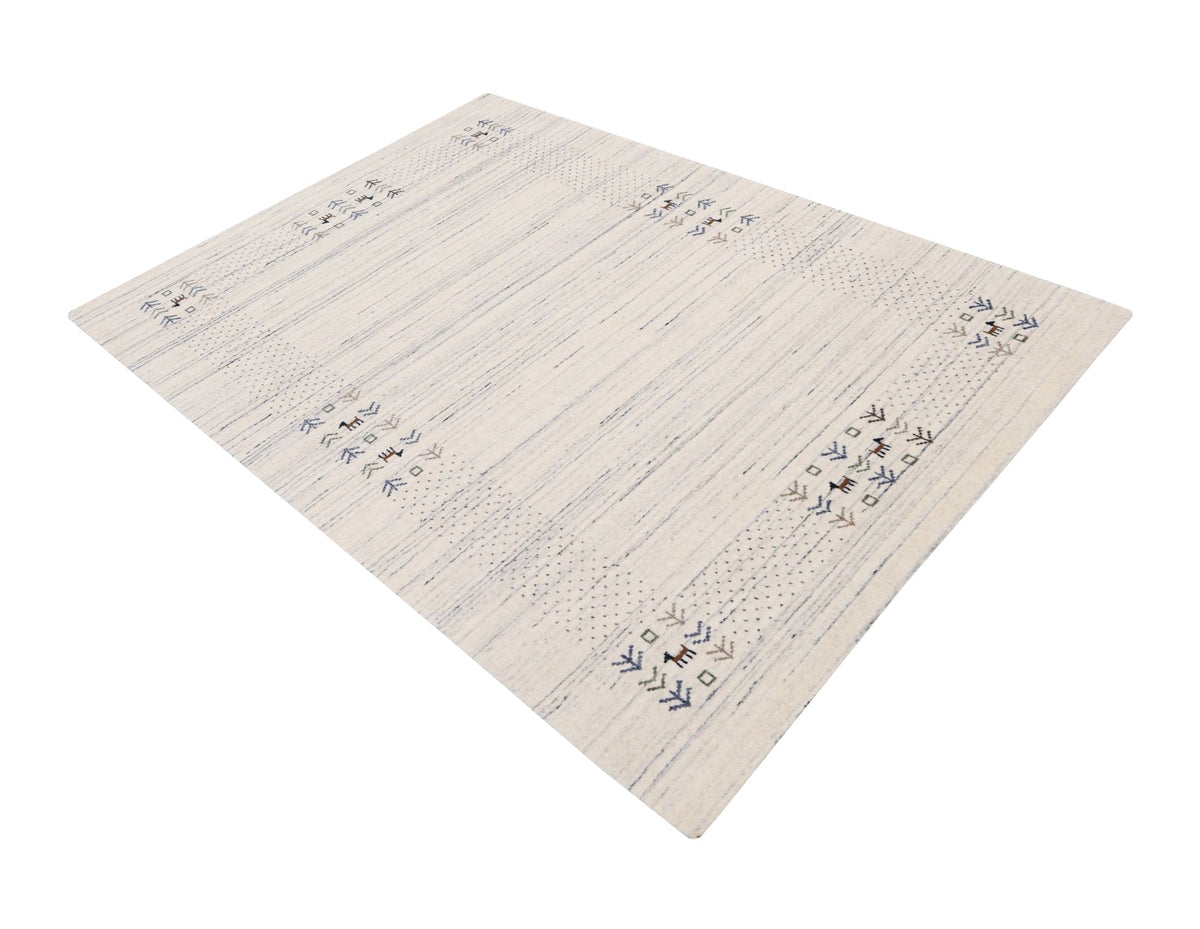 Solid Ivory Border Patterns Hand Loomed Wool Area Rug.