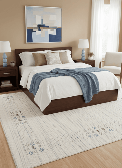 Solid Ivory Border Patterns Hand Loomed Wool Area Rug.