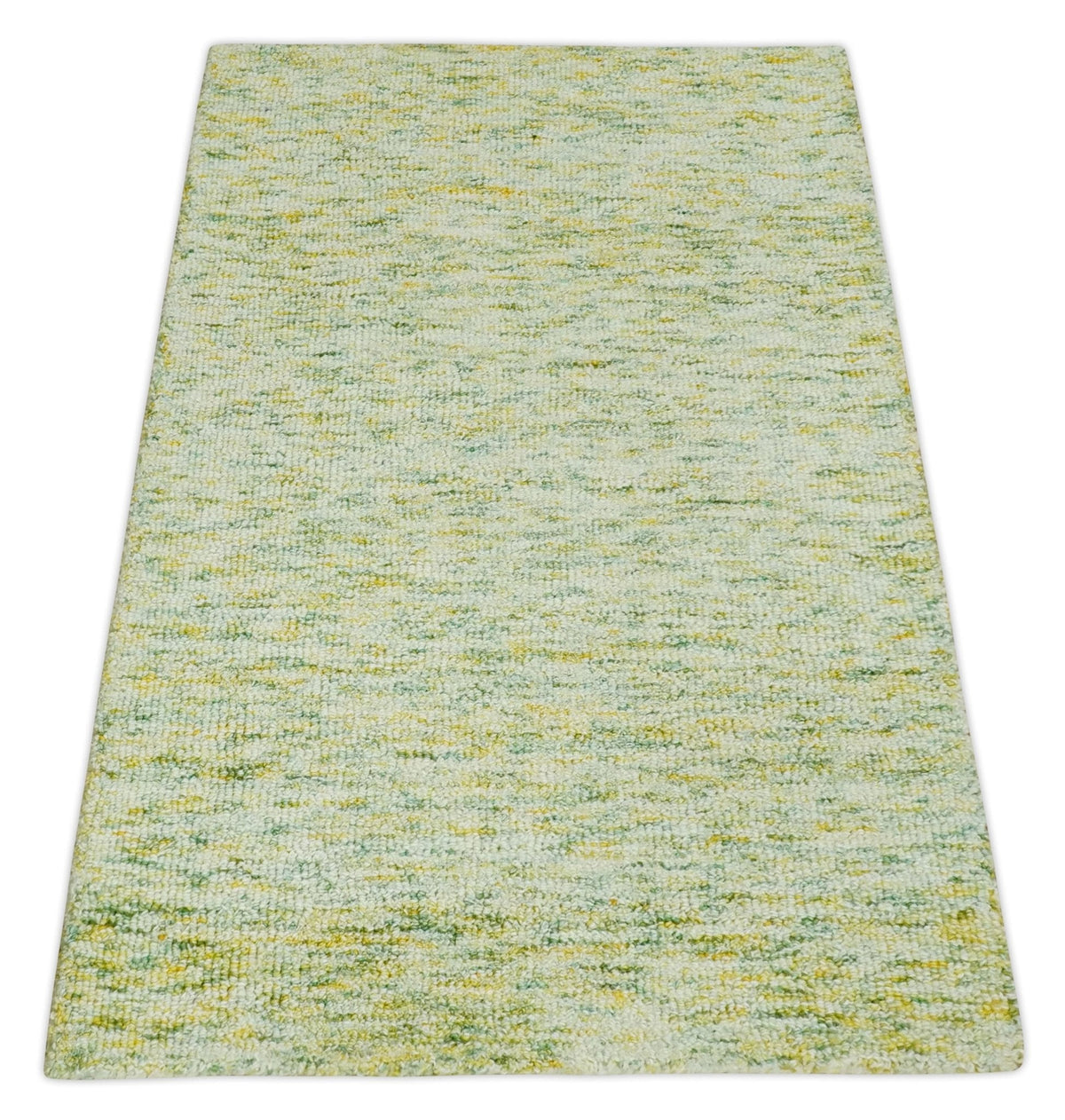 Custom Made Solid Green And Ivory Hand Tufted Natural Wool Area Rug.