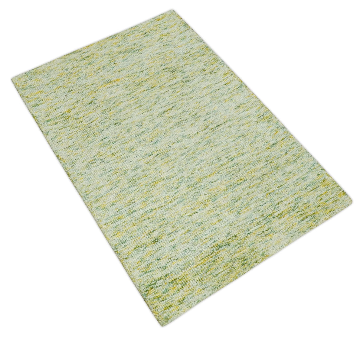 Custom Made Solid Green And Ivory Hand Tufted Natural Wool Area Rug.