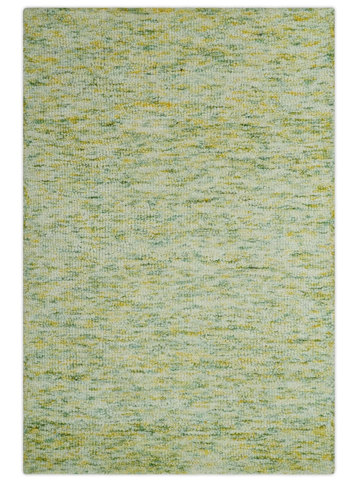 Custom Made Solid Green And Ivory Hand Tufted Natural Wool Area Rug.