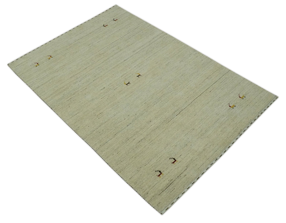 Solid Plain Beige and Charcoal Hand loom Multi size wool area Rug.