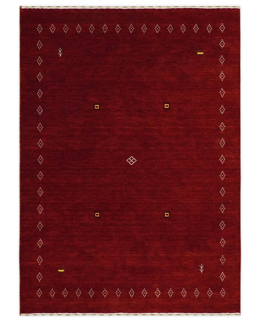 Solid Plain Maroon Geometrical Design Hand loom Custom made wool area Rug.