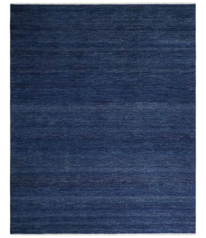 Solid Plane Navy Blue Hand knotted Modern 8x10 wool Area Rug.