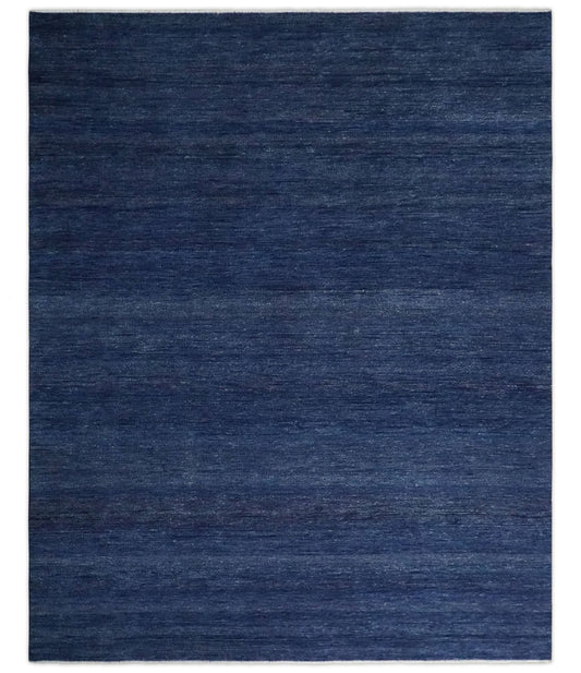 Solid Plane Navy Blue Hand knotted Modern 8x10 wool Area Rug.