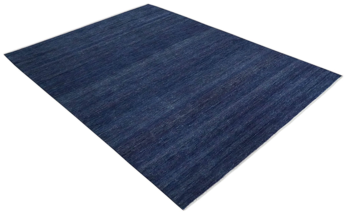 Solid Plane Navy Blue Hand knotted Modern 8x10 wool Area Rug.