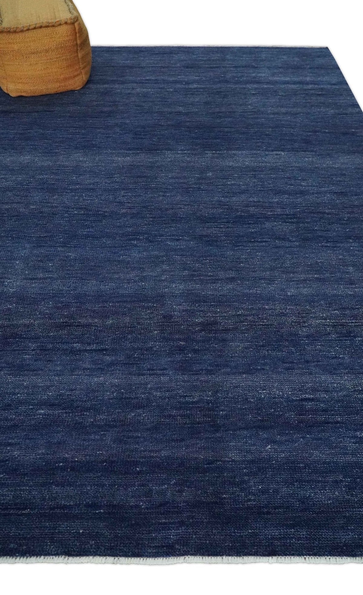 Solid Plane Navy Blue Hand knotted Modern 8x10 wool Area Rug.