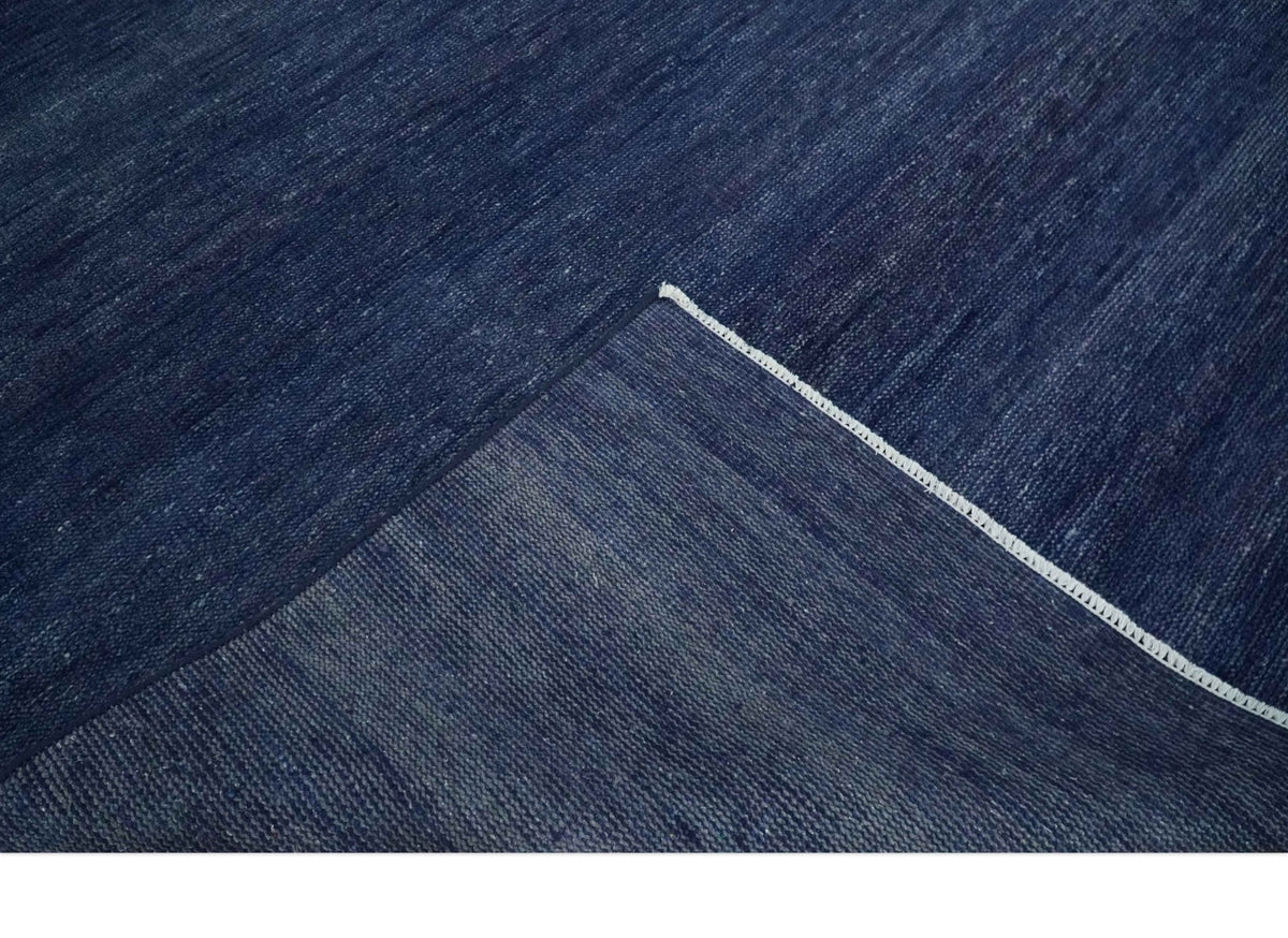 Solid Plane Navy Blue Hand knotted Modern 8x10 wool Area Rug.