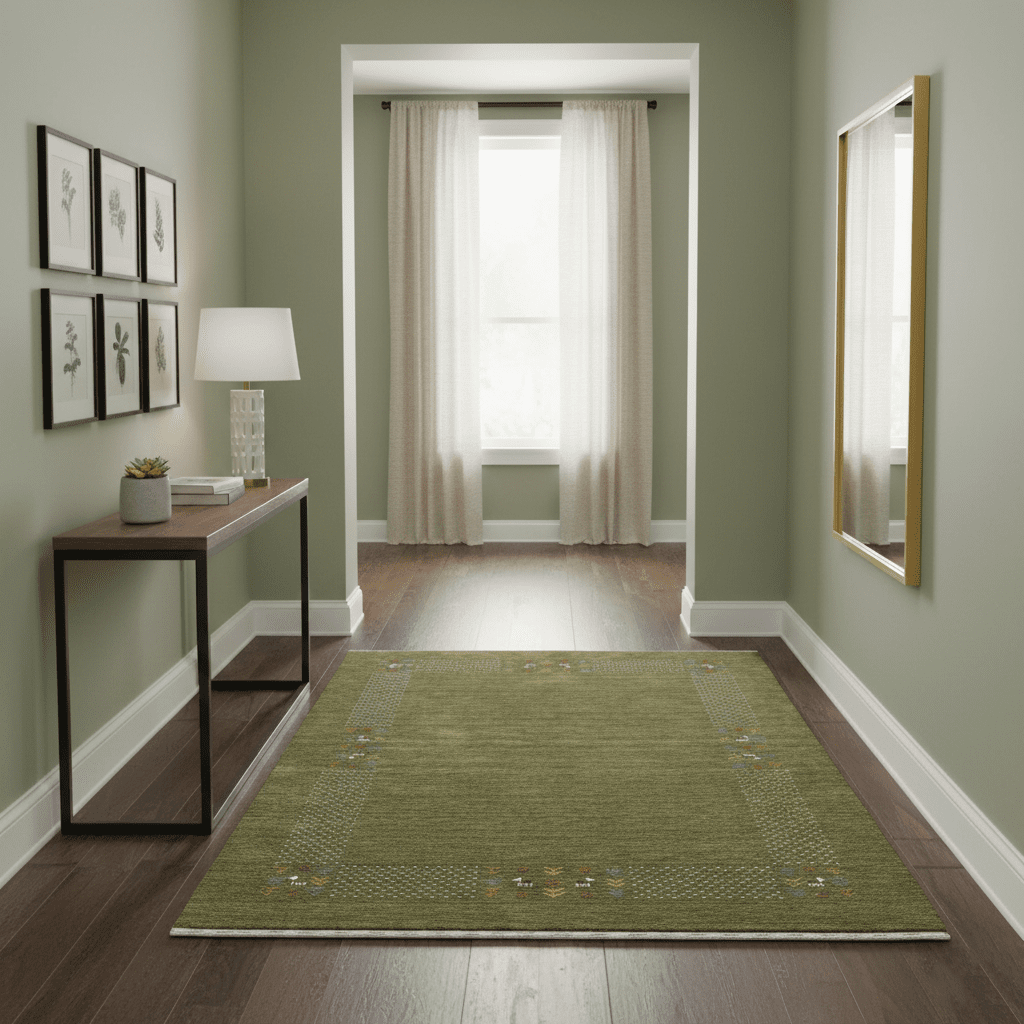 Solid with Border Patterns Hand Loomed Wool Area Rug.