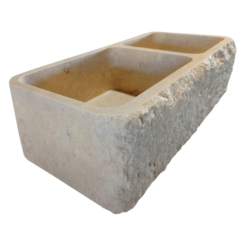 Villohome | Online Flooring Shop Stone Sinks Botticino Beige Marble Farmhouse Apron Kitchen Double Sink (W)16" (L)32" (H)10" Botticino Beige Marble Farmhouse Apron Kitchen Double Sink (W)16" (L)32" (H)10"