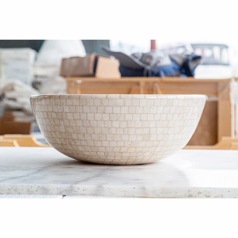 Villohome | Online Flooring Shop Stone Sinks Botticino Marble Mosaic Natural Stone Round Above Vanity Vessel Sink Semi-polished (D)16" (H)6" Botticino Marble Mosaic Natural Stone Round Above Vanity Vessel Sink Semi-polished (D)16" (H)6"