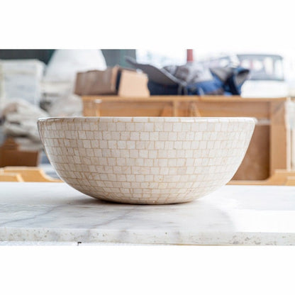 Villohome | Online Flooring Shop Stone Sinks Botticino Marble Mosaic Natural Stone Round Above Vanity Vessel Sink Semi-polished (D)16" (H)6" Botticino Marble Mosaic Natural Stone Round Above Vanity Vessel Sink Semi-polished (D)16" (H)6"