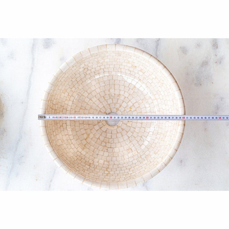 Villohome | Online Flooring Shop Stone Sinks Botticino Marble Mosaic Natural Stone Round Above Vanity Vessel Sink Semi-polished (D)16" (H)6" Botticino Marble Mosaic Natural Stone Round Above Vanity Vessel Sink Semi-polished (D)16" (H)6"
